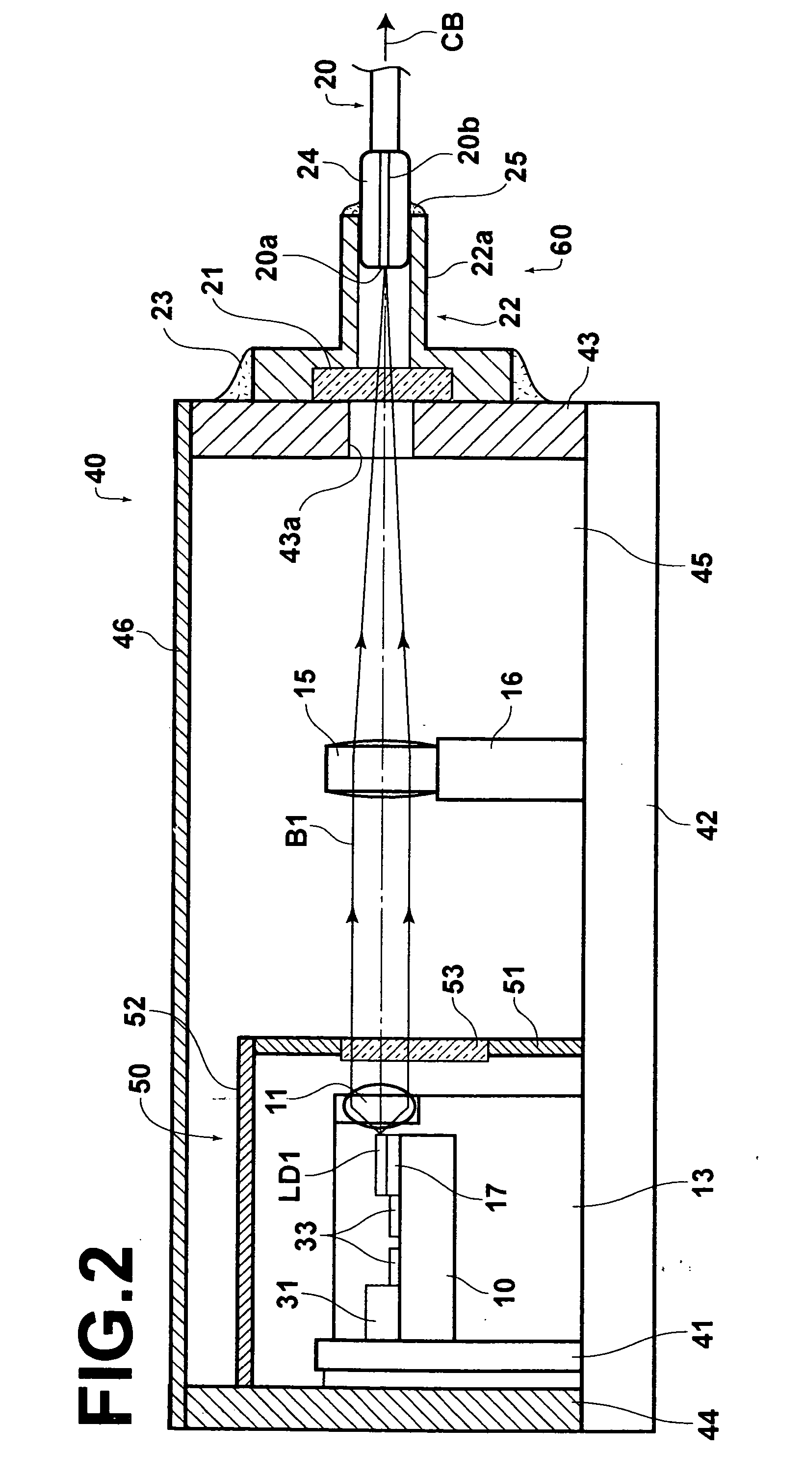 Laser module with sealed package containing limited optical components