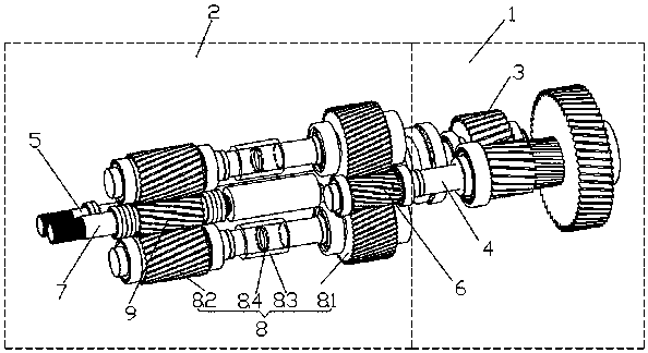 Double shunt high torque flat double gear box and distribution box average load adjusting method thereof