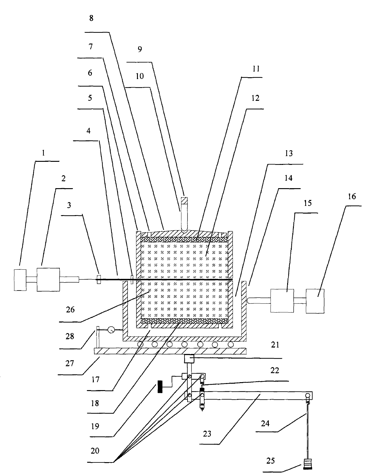 Drawing and shear testing device for geosynthetics