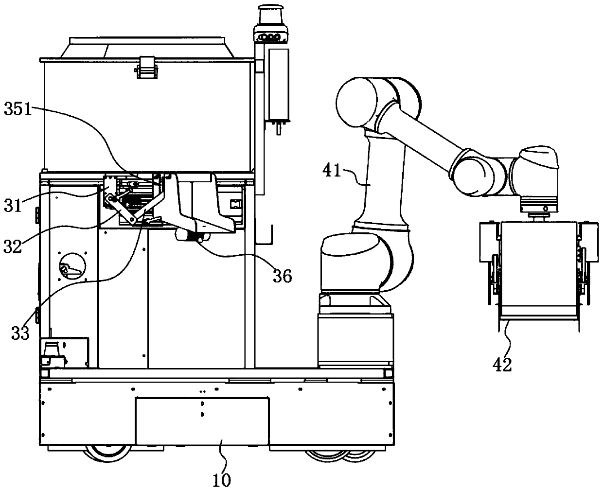 Discharging and paving device and material paving robot