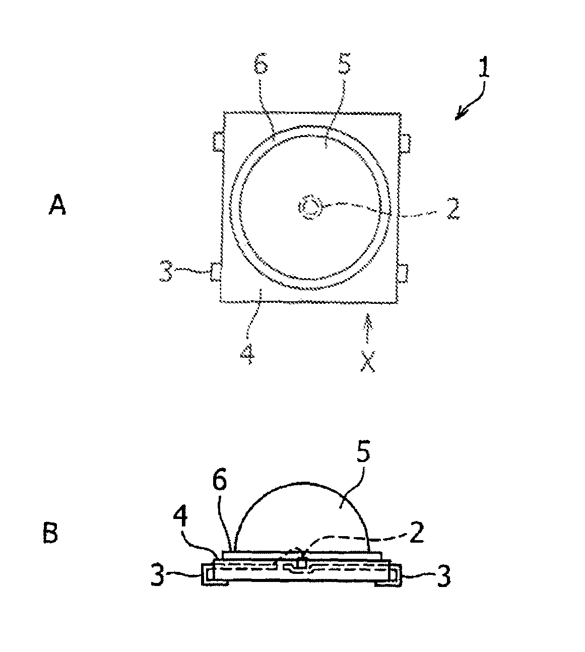 Light emitting diode with a step section between the base and the lens of the diode