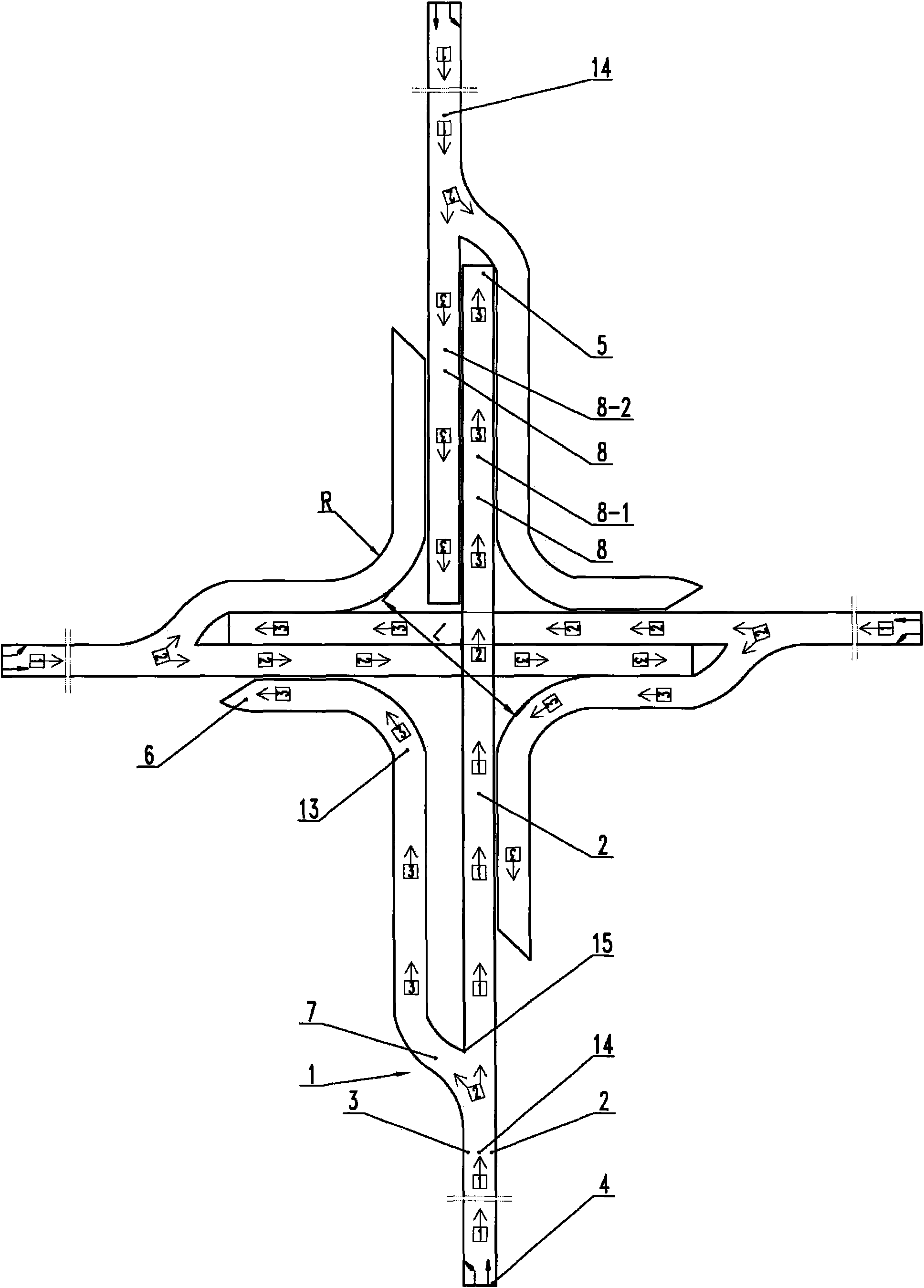 A composite bridge with four independent "Bu"-shaped bifurcated bridges in the long and short right-hand system