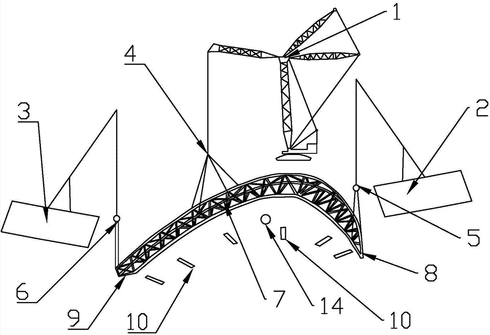 Construction method for three-crane lifting installation used for bow-shaped space truss
