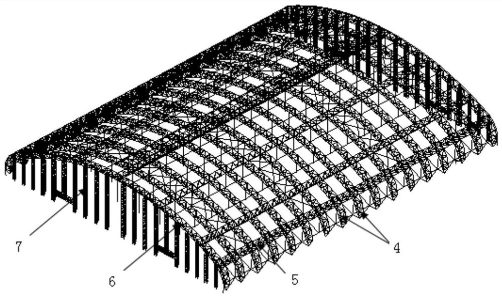 Large-span cable net structure supported by self-balancing arch truss