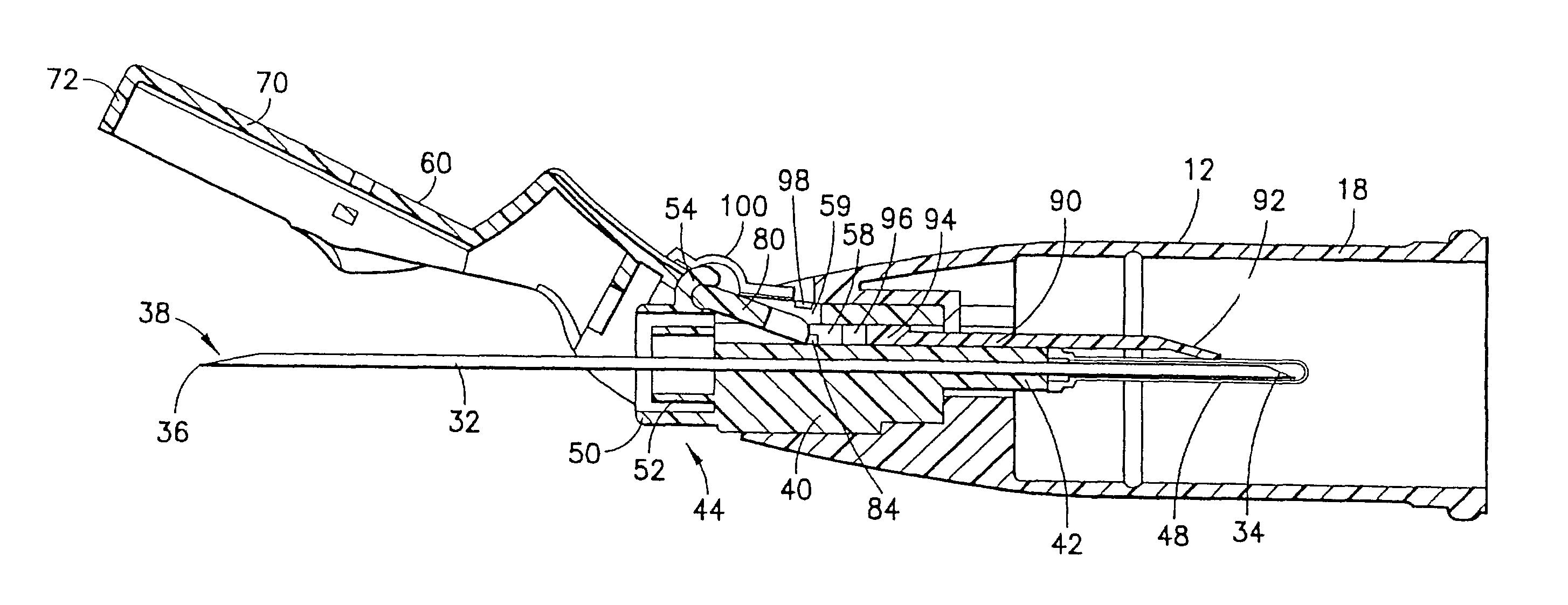 Safety needle assembly with passive pivoting shield