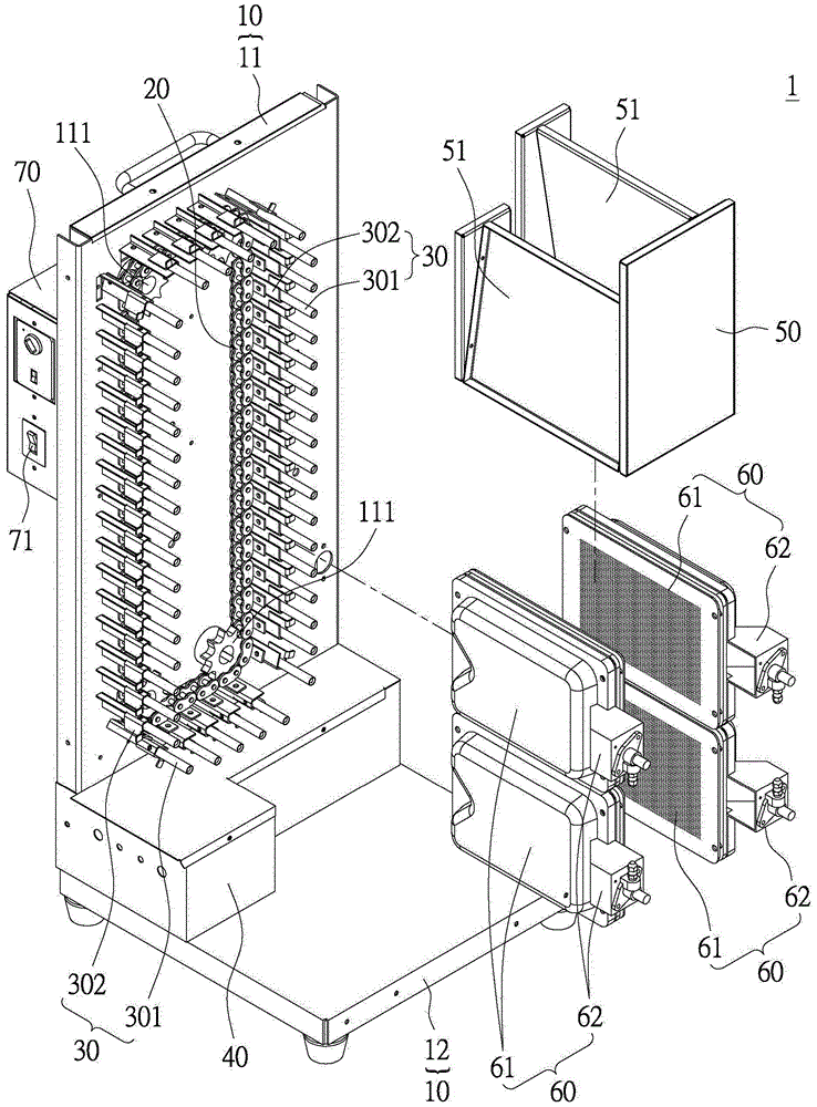 Vertical type food material baking device and method