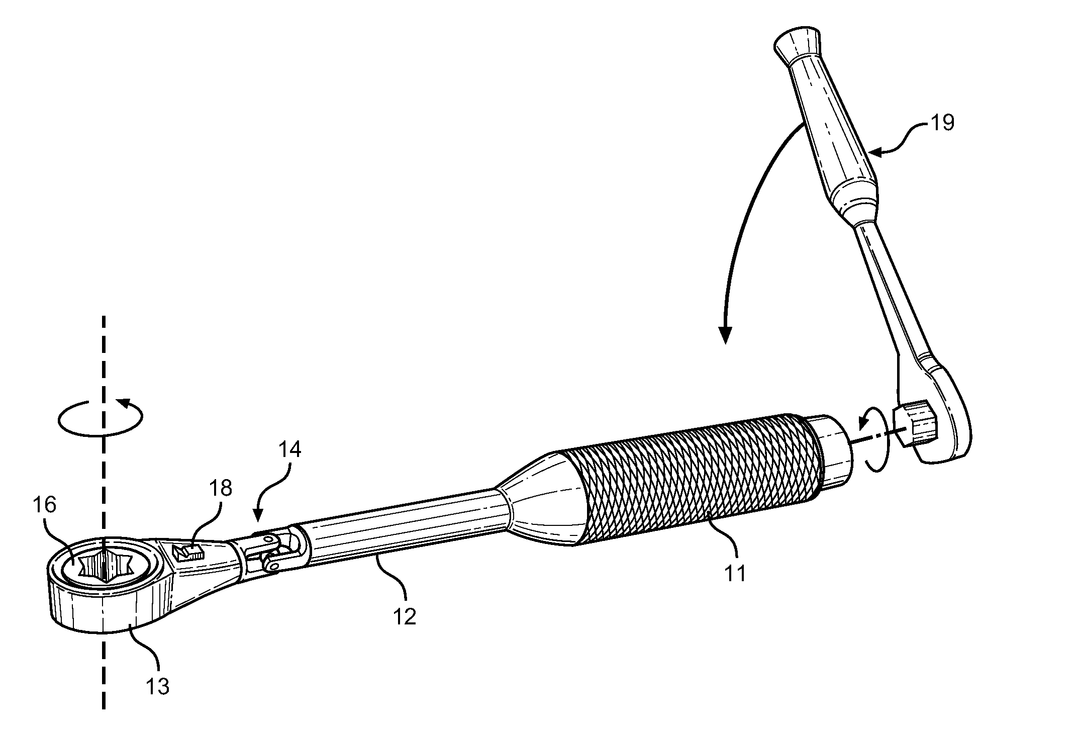Handle-Driven Torque Transfer Wrench having Pivotable Head