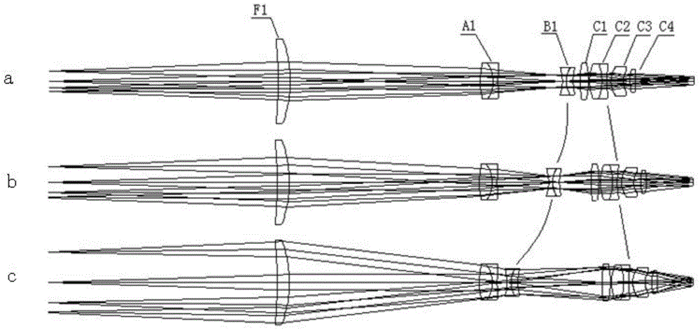 Large-caliber refractive and reflective three-component continuous zooming optical system