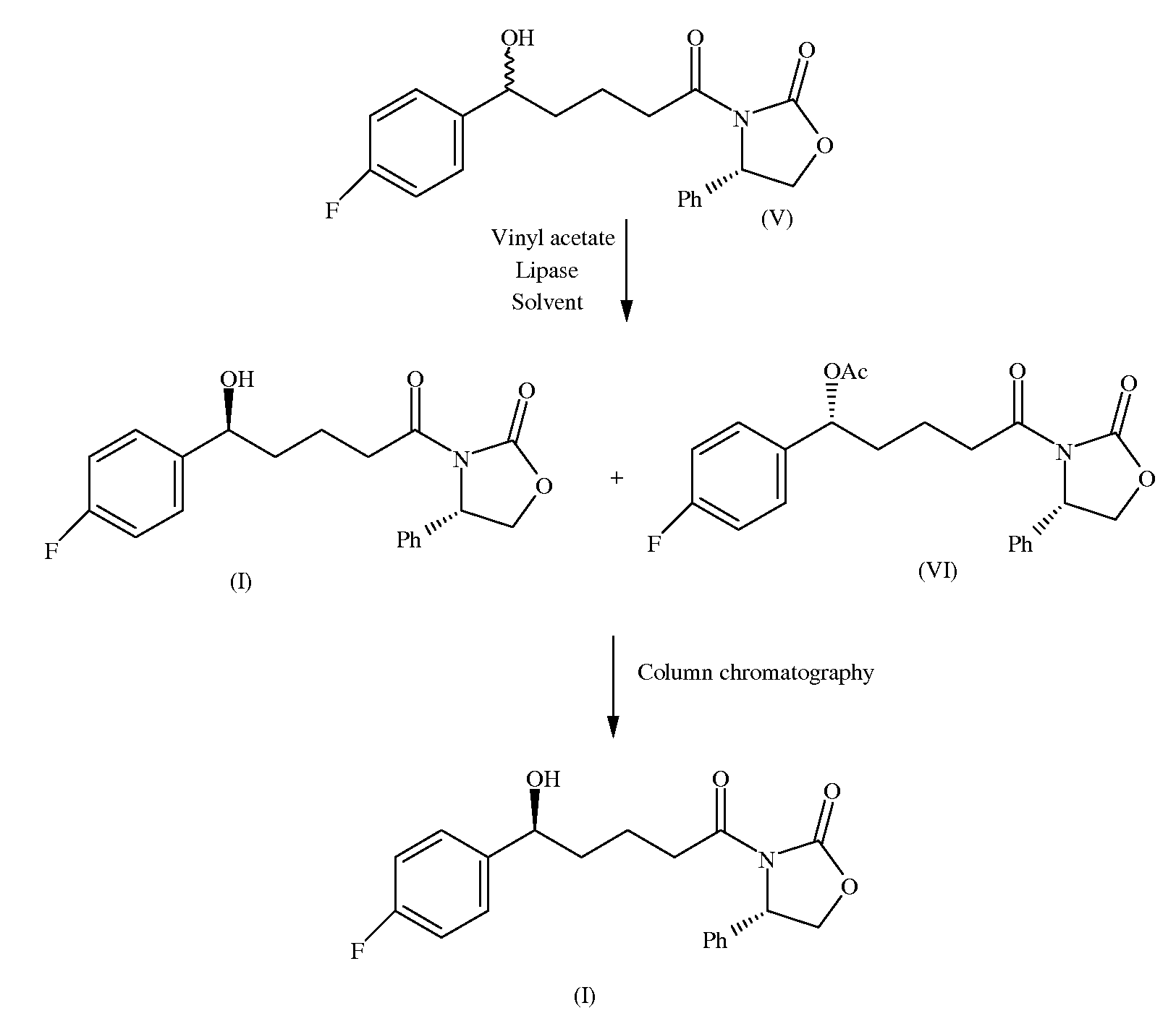 Kinetic resolution of (4S) -- 4- phenyl -- 3- [(5RS)-5-(4-flurophenyl)-5- hydroxypentanoyl] --1,3-oxazolidin-2-one to the (5S) isomer via lipase catalyzed enantioselective esterification of the (5R) isomer