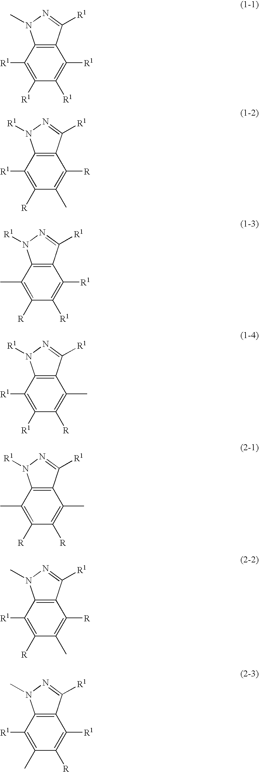 Indazole compound-containing composition and light-emitting device using the composition
