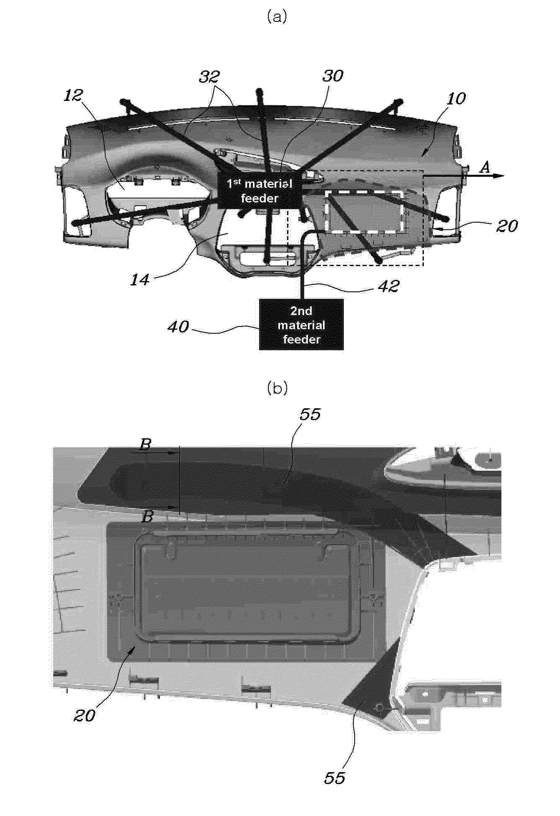 Method and system for preventing mixing of materials in two-shot molding for production of crash pad
