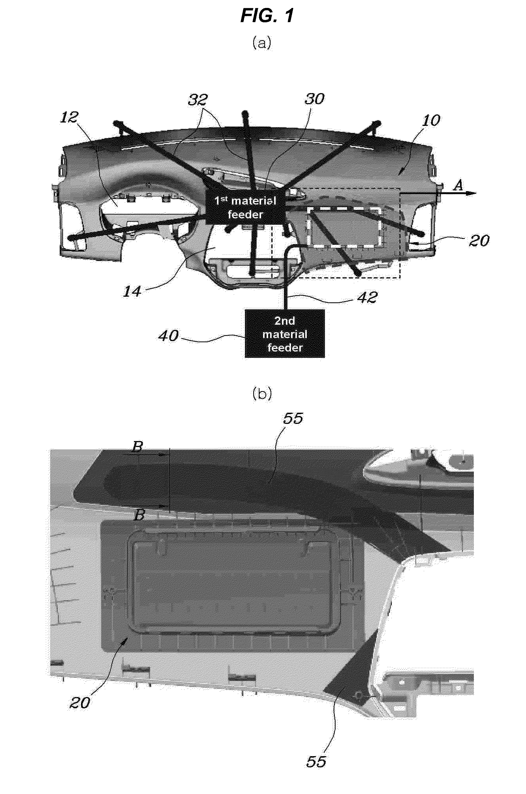 Method and system for preventing mixing of materials in two-shot molding for production of crash pad