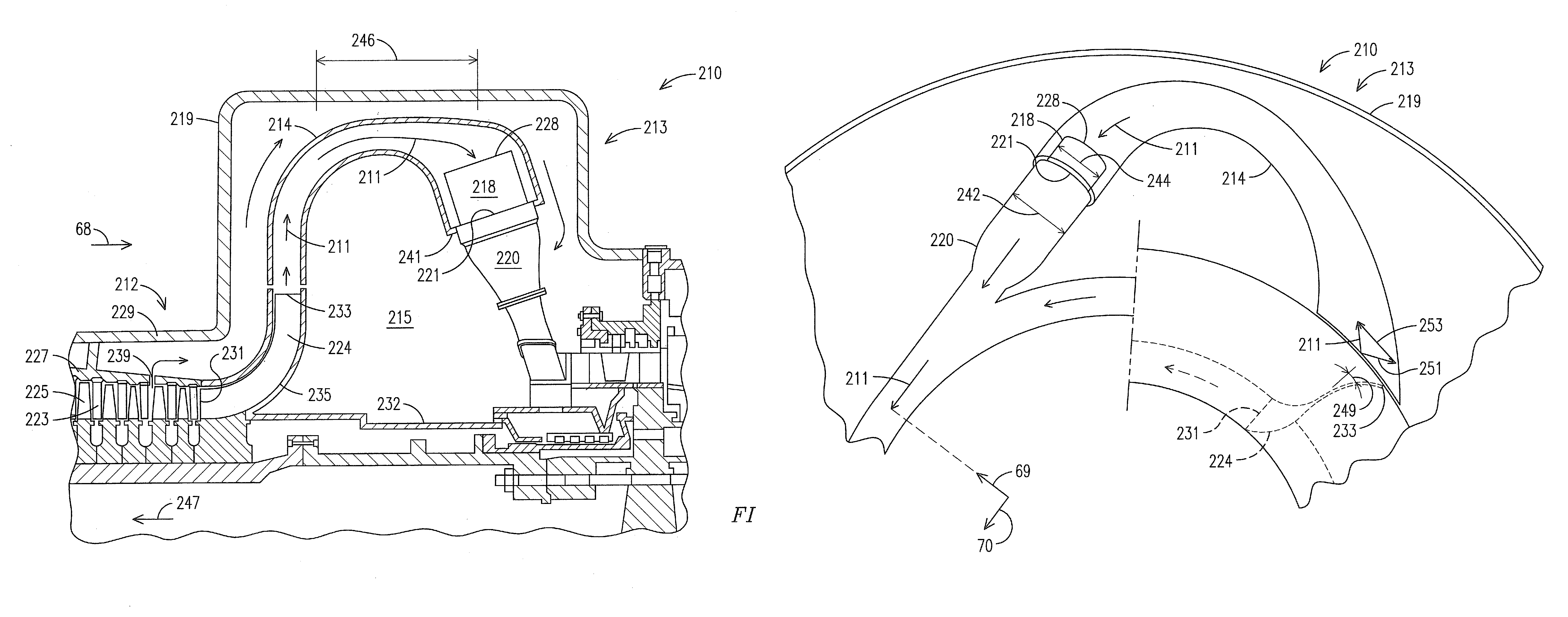 Mid-section of a can-annular gas turbine engine with a radial air flow discharged from the compressor section