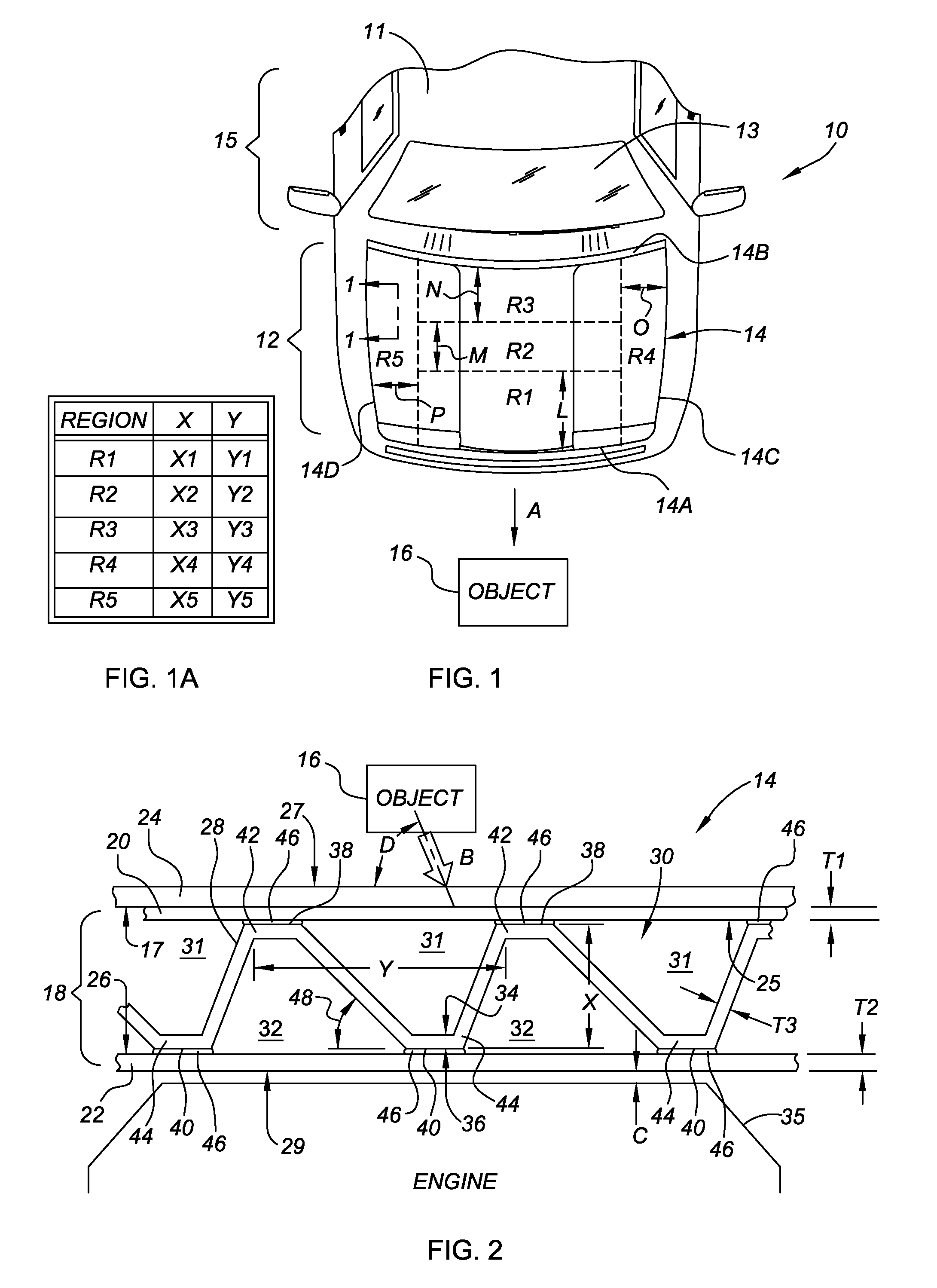 Energy absorbing vehicle hood assembly with asymmetric sandwich inner structure