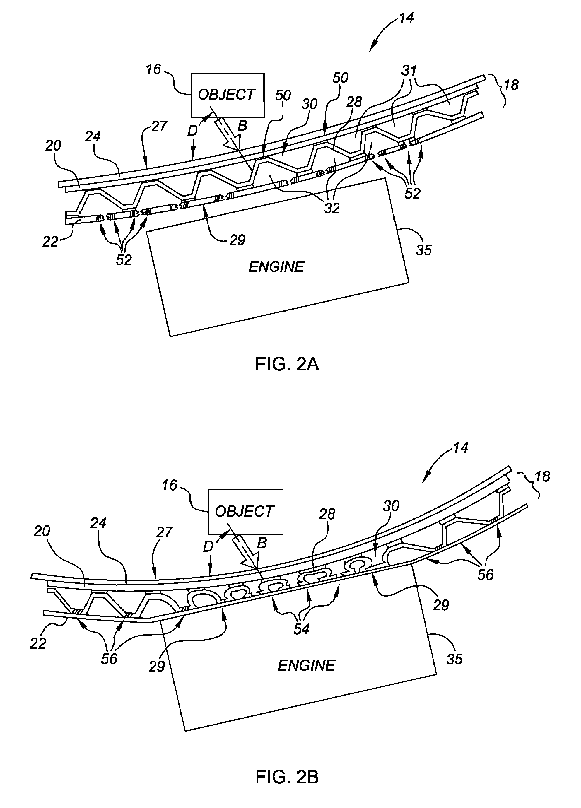 Energy absorbing vehicle hood assembly with asymmetric sandwich inner structure