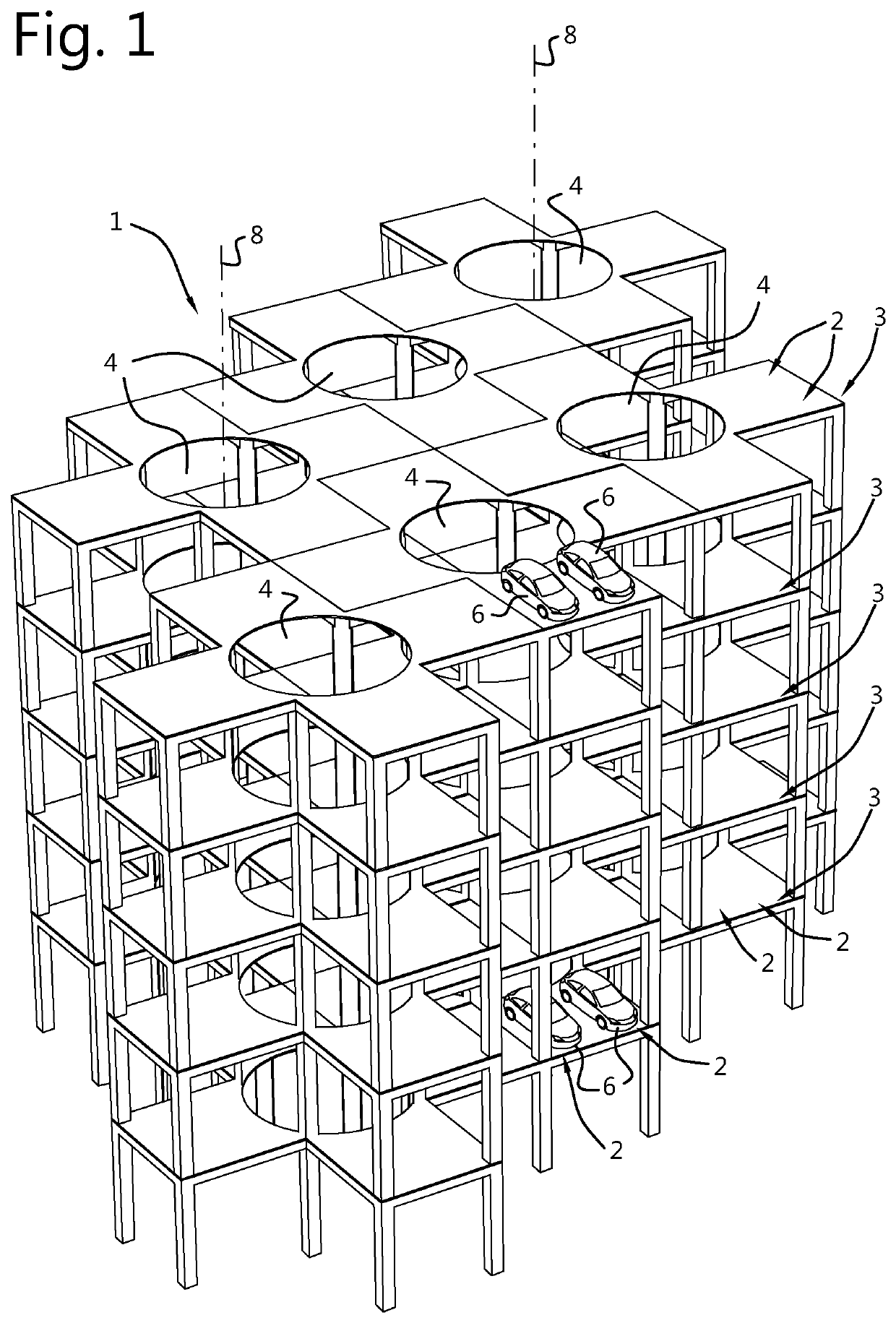 Compact multi-tier parking garage and method for storing vehicles in such a parking garage