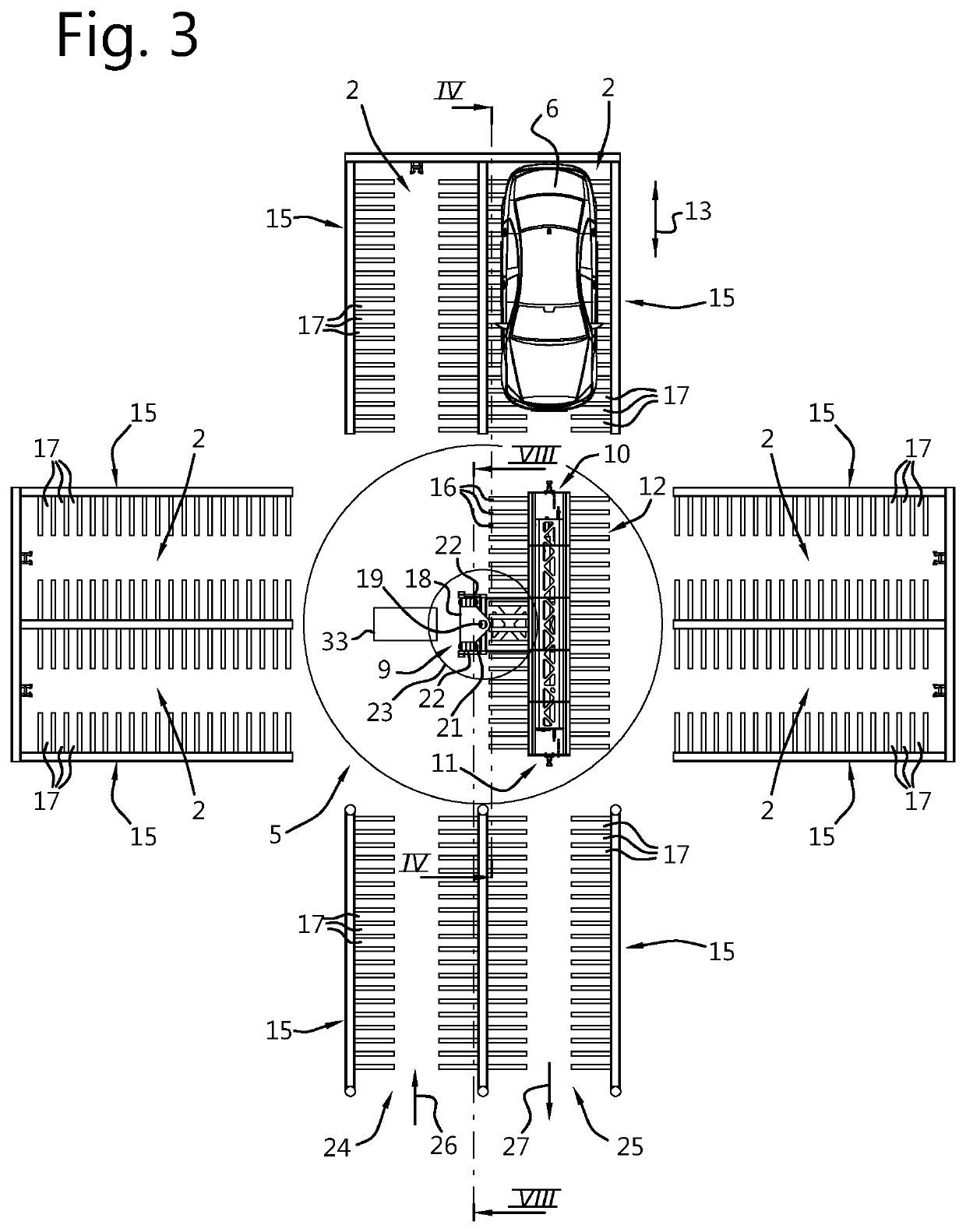 Compact multi-tier parking garage and method for storing vehicles in such a parking garage