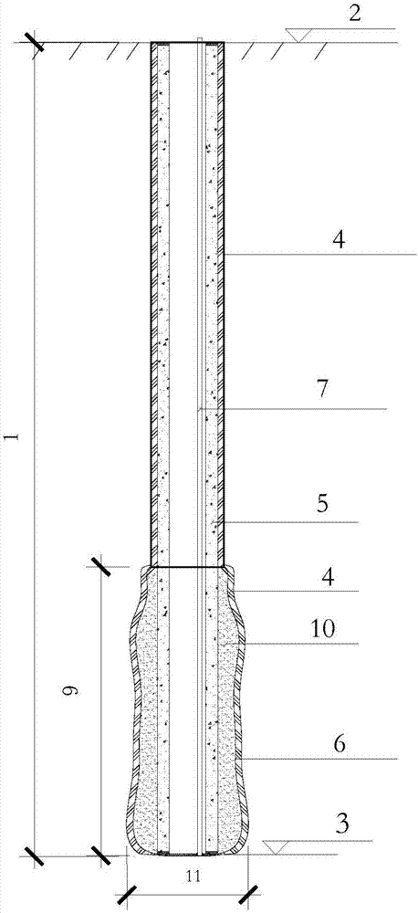 Slip-cast enlarged toe pile and construction method thereof