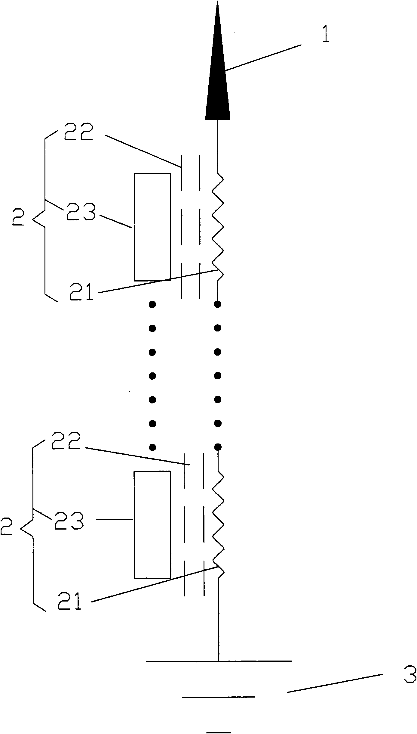 Lightning arresting method and device with function of inhibiting lightning stroke current intensity