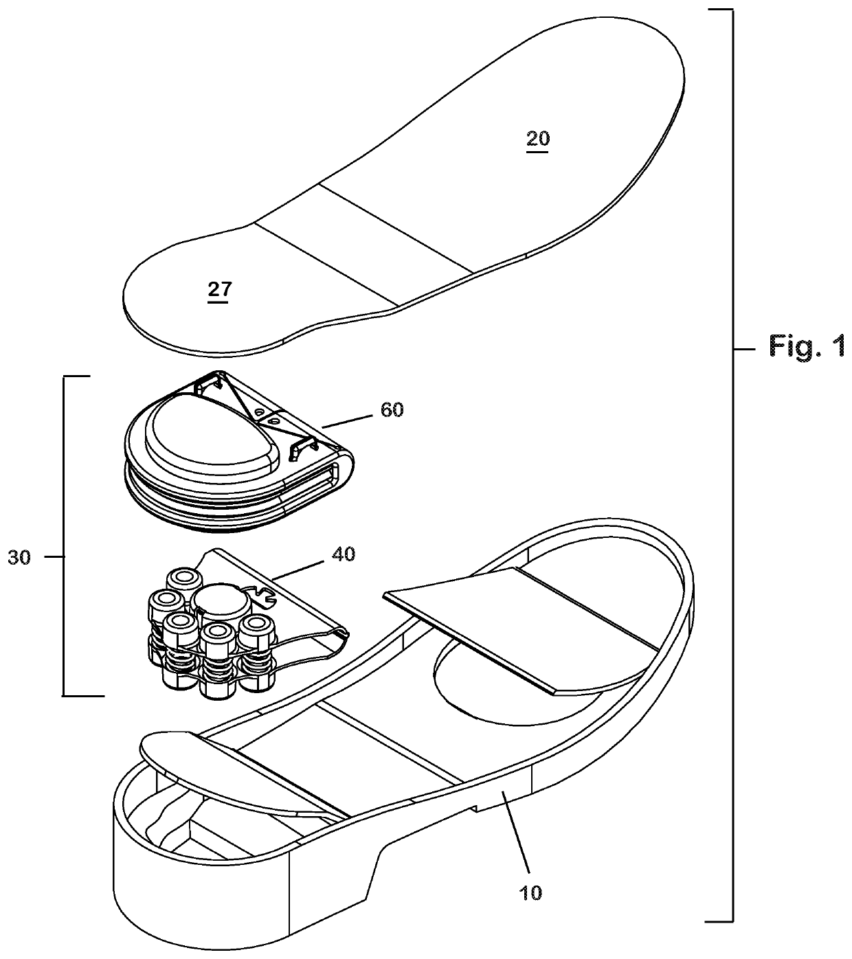 Quick change shock mitigation outsole insert with energy harvester