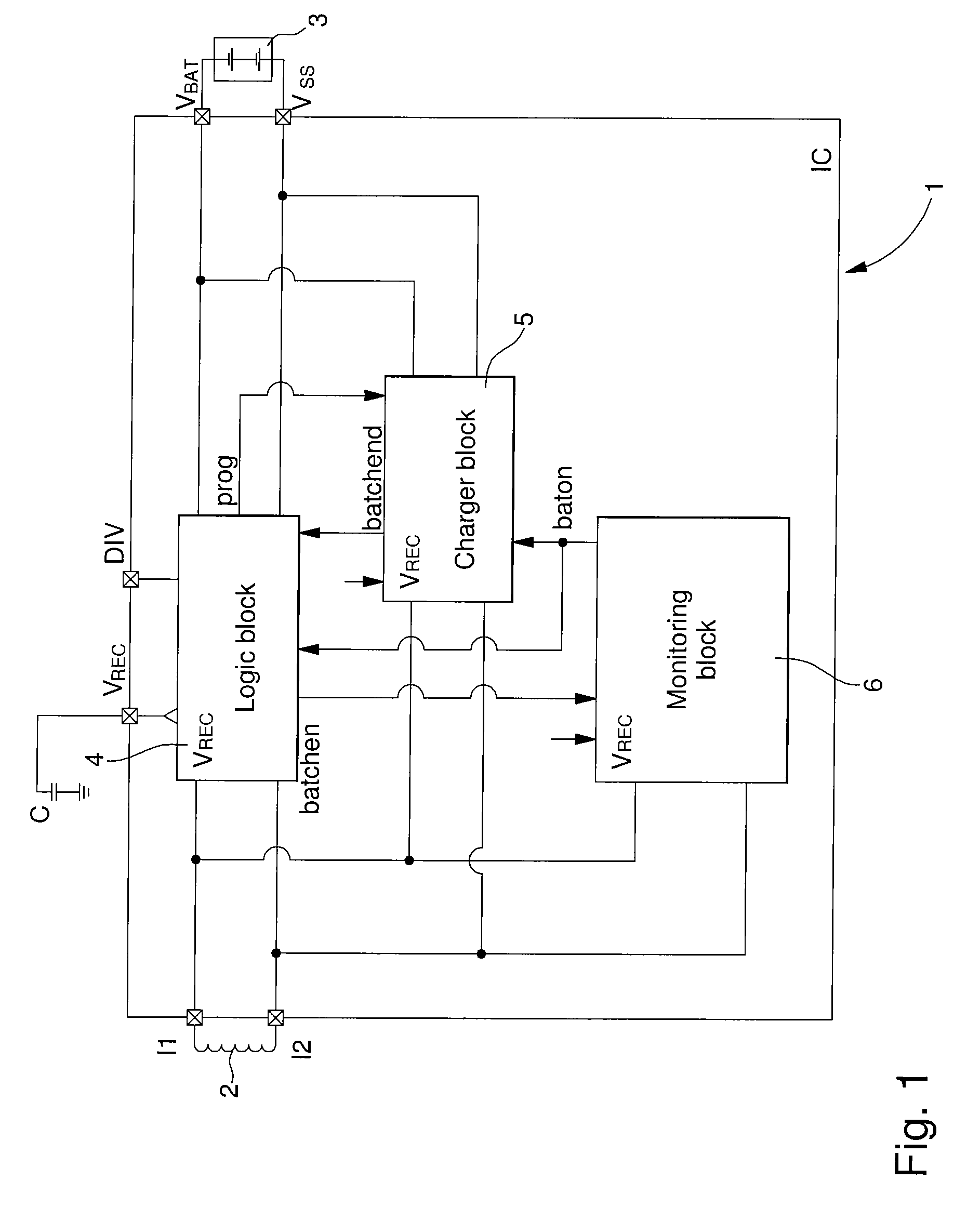 Battery charger operating “all or nothing” with a protective power supply circuit for monolithic integrated circuits using the antenna energy