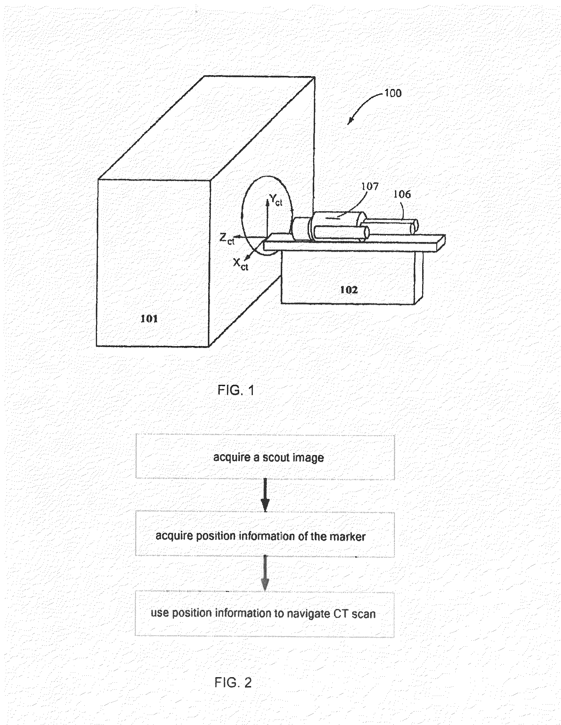 Method and apparatus for navigating CT scan with a marker
