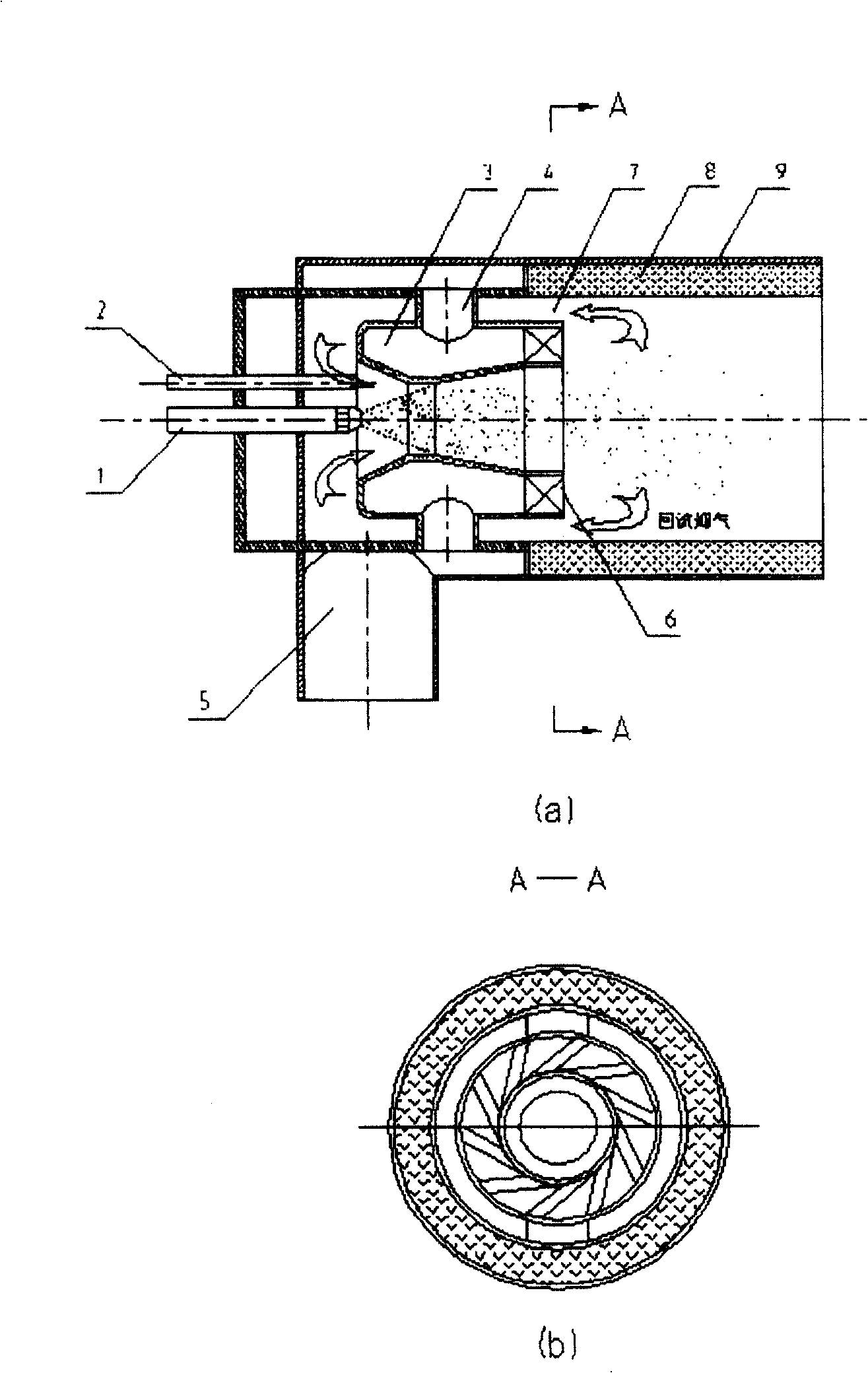 Low NOx oil gun device heated by backheating