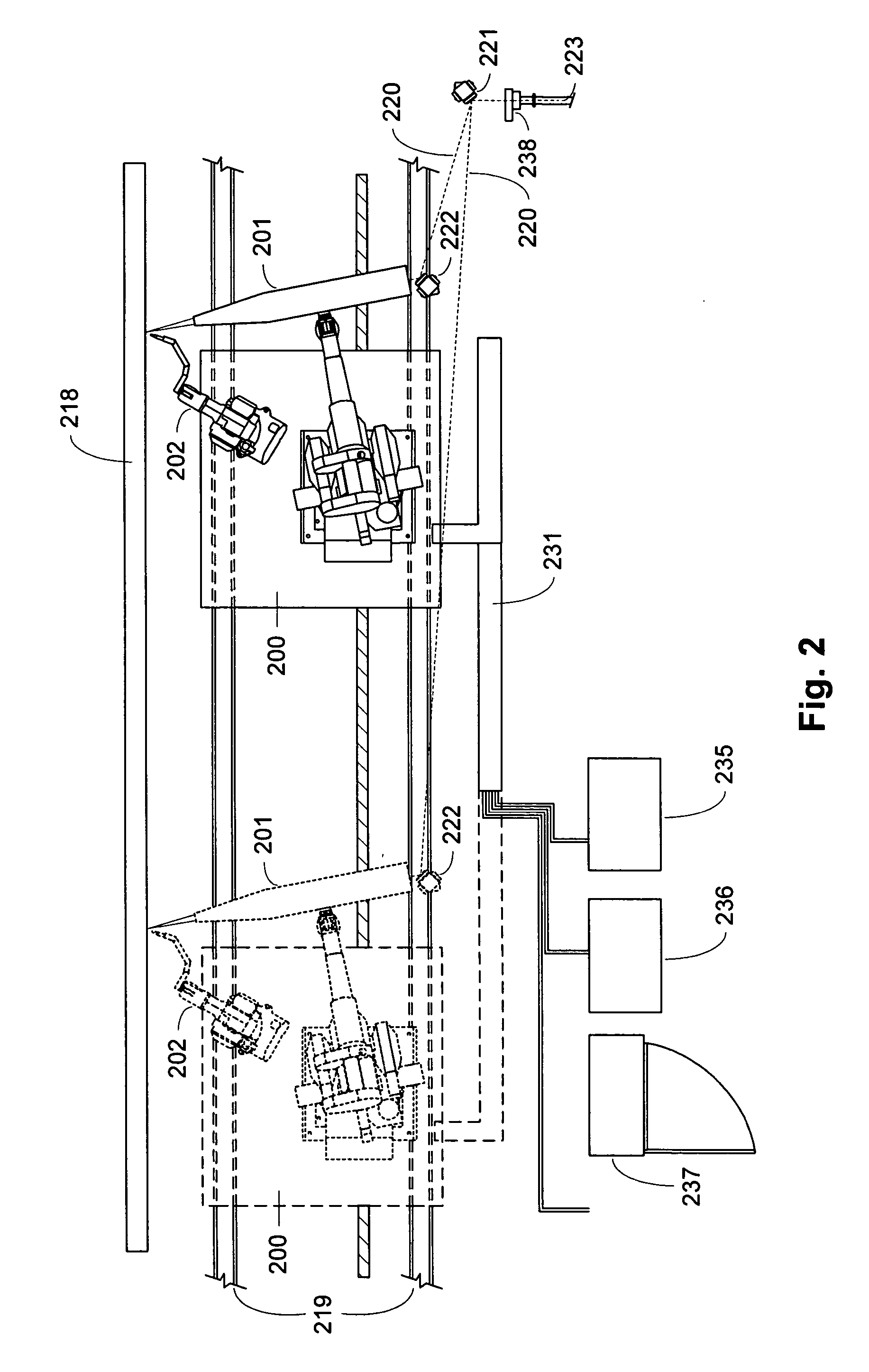 Active beam delivery system with variable optical path segment through air