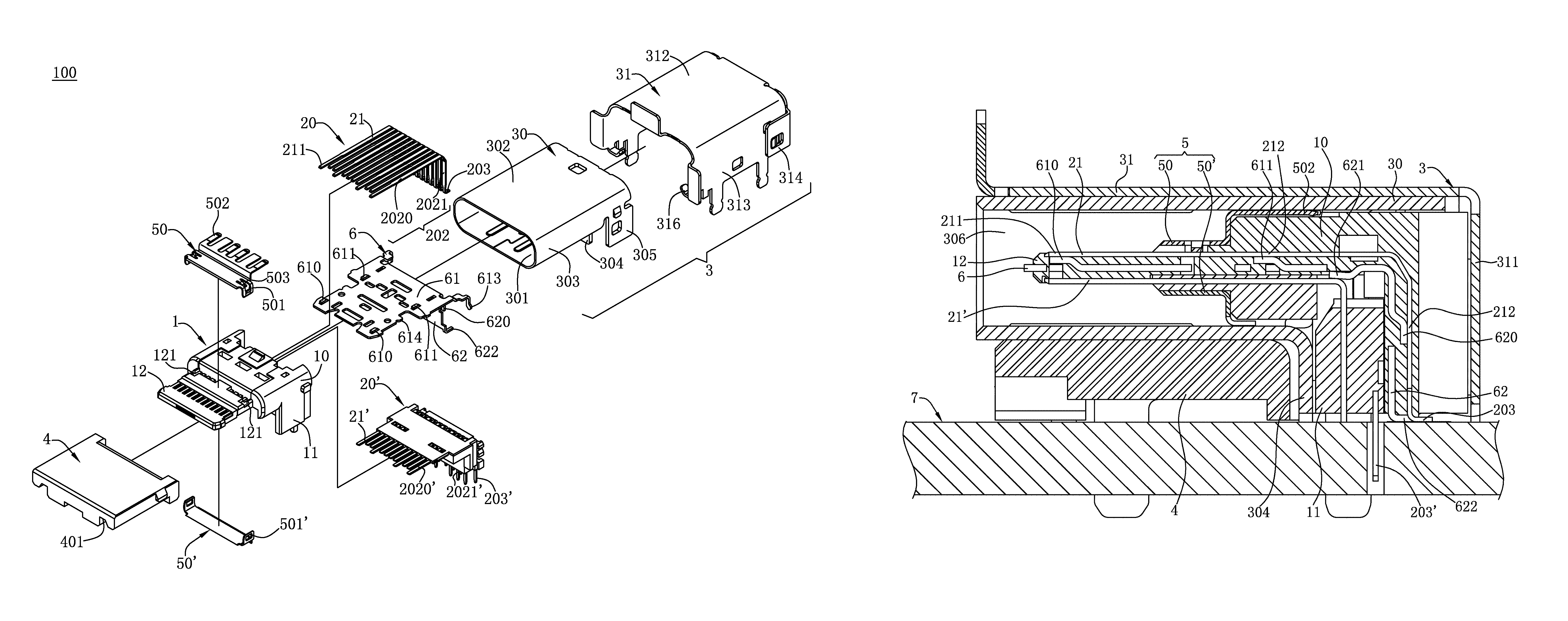 Electrical connector having a ground terminal with contact portions in contact with a shielding sheet