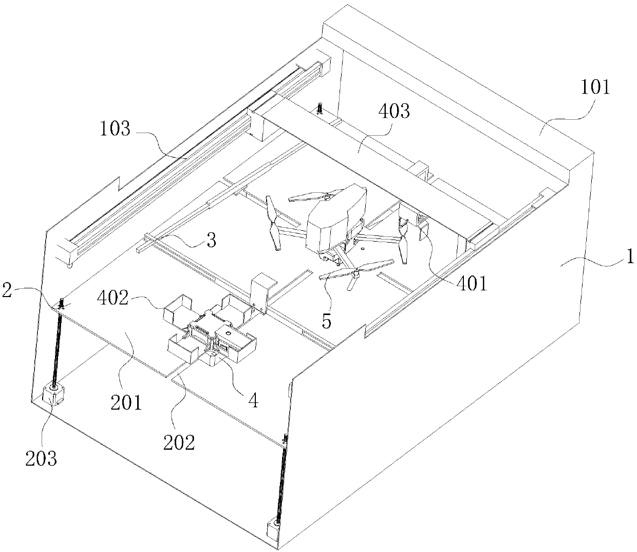 Unmanned Aerial Vehicle Storage and Battery Replacement Device and Method