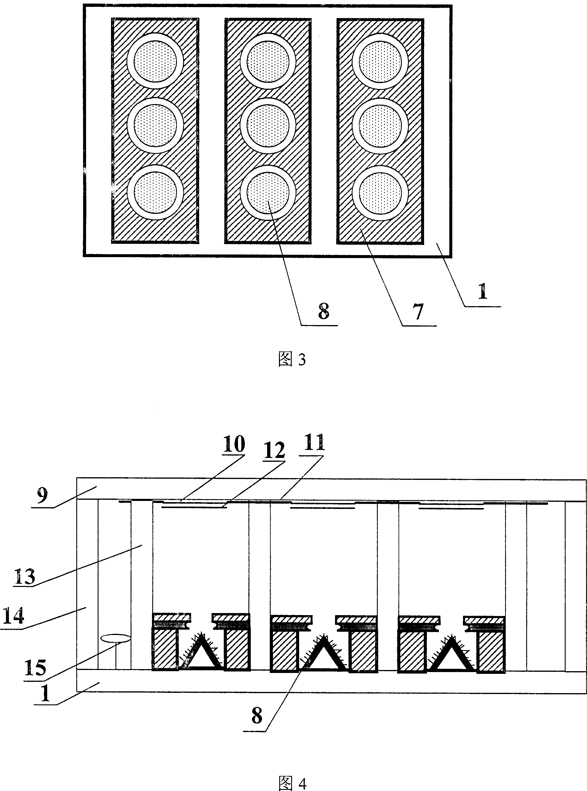 Flat-board display of internal concave type grid-controlled array structure and mfg. process