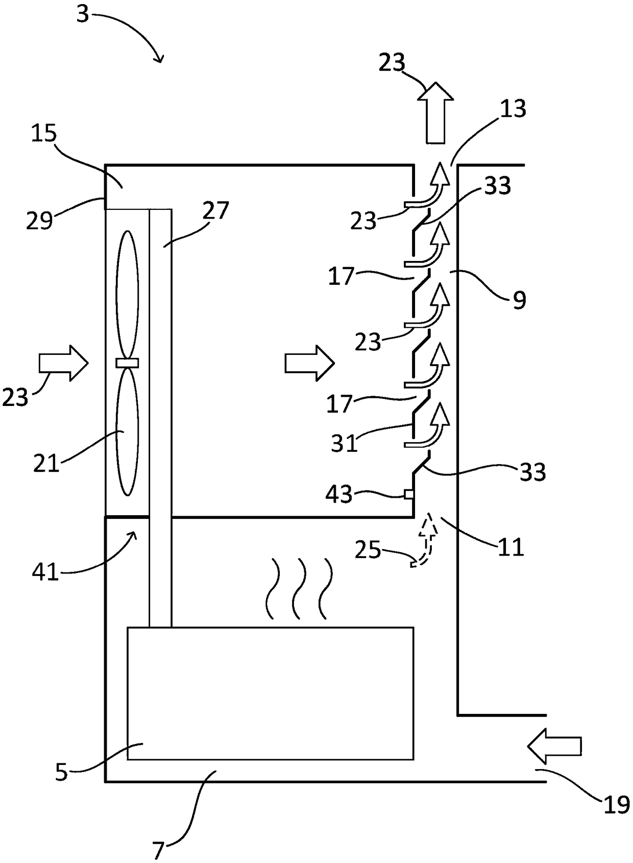 Ventilation device for venting a space, in particular an engine room of a vehicle