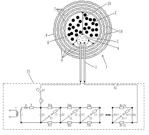 Material-dispersing device with high-energy liquid blast point blasting system and dispersion method