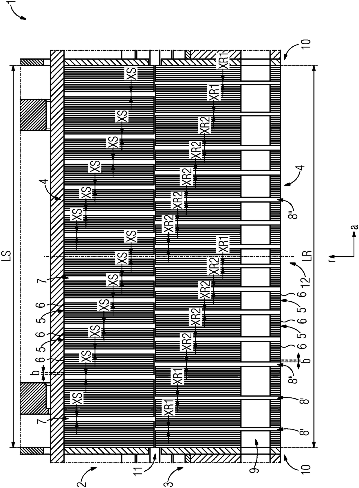 Electrical machine comprising radial cooling slots, and wind power generation facility