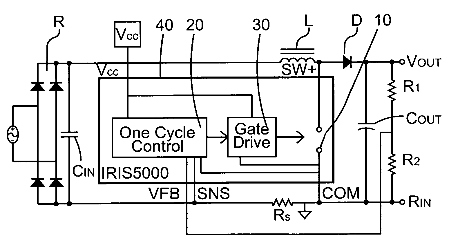 One cycle control PFC boost converter integrated circuit with inrush current limiting, fan motor speed control and housekeeping power supply controller