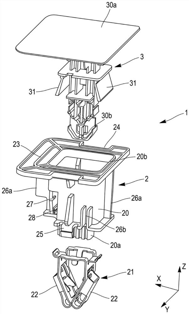 Device for attaching two elements allowing its pre-assembly