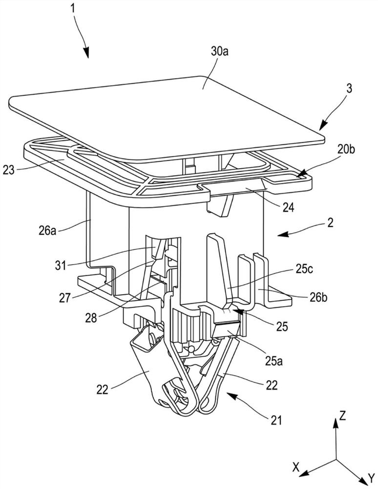 Device for attaching two elements allowing its pre-assembly