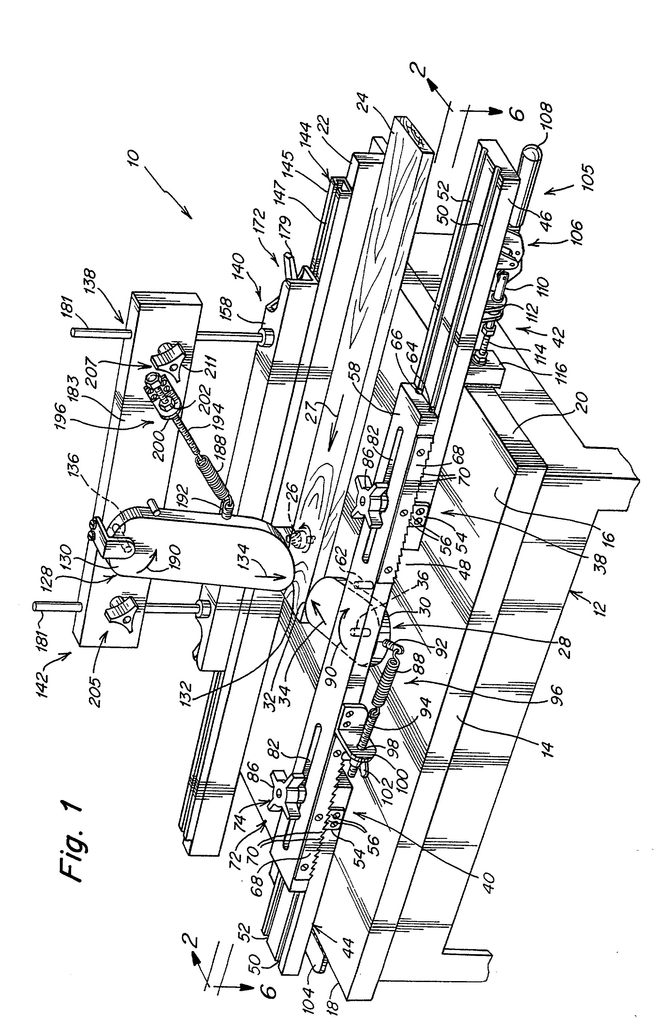 Combination workpiece positioning/hold-down and anti-kickback device for a work table