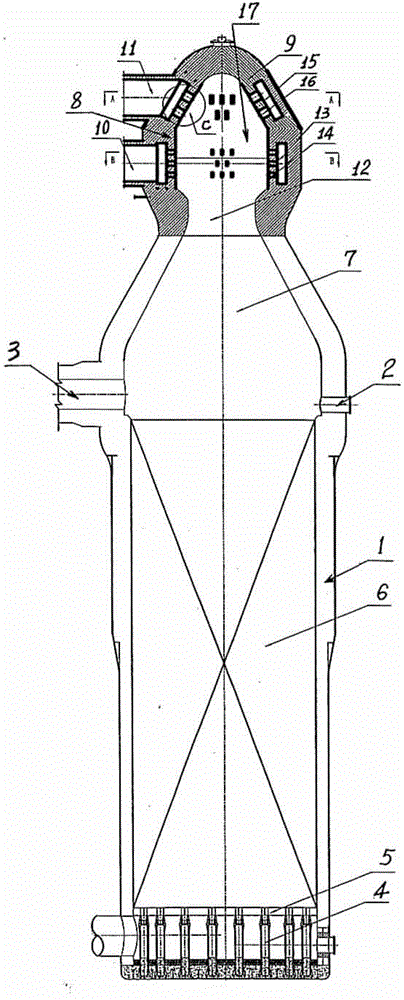 Top-burning hot-blast stove with cone-column composite vault structure