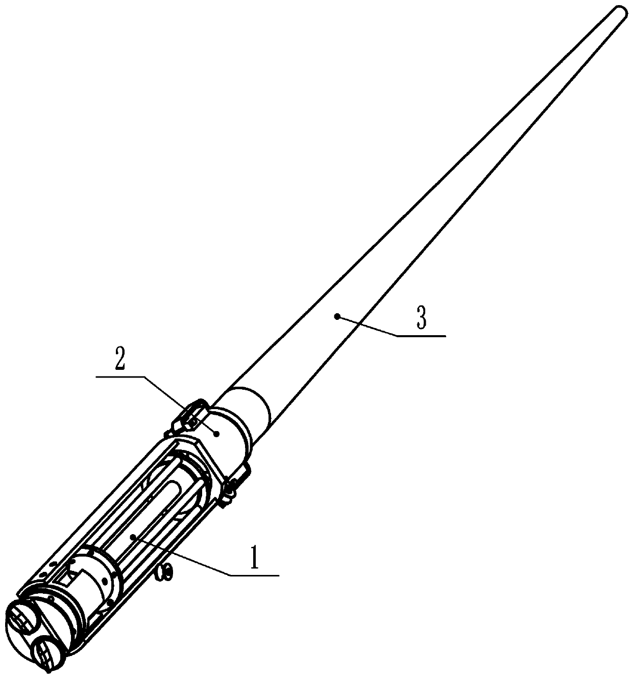 Long spindle with sheath suitable for high-performance fibre weaving, and rapid bobbin replacing device