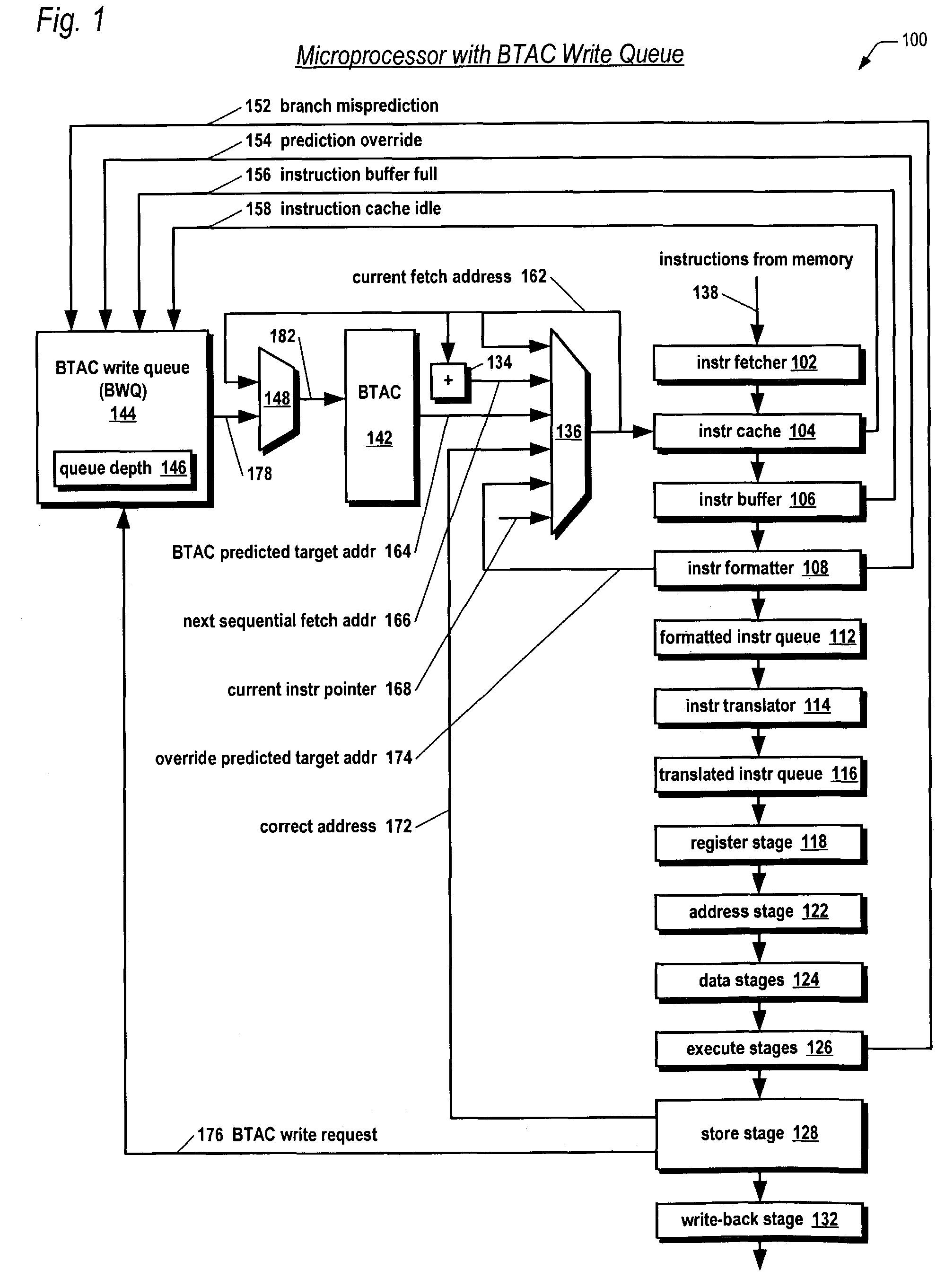 Microprocessor with branch target address cache update queue