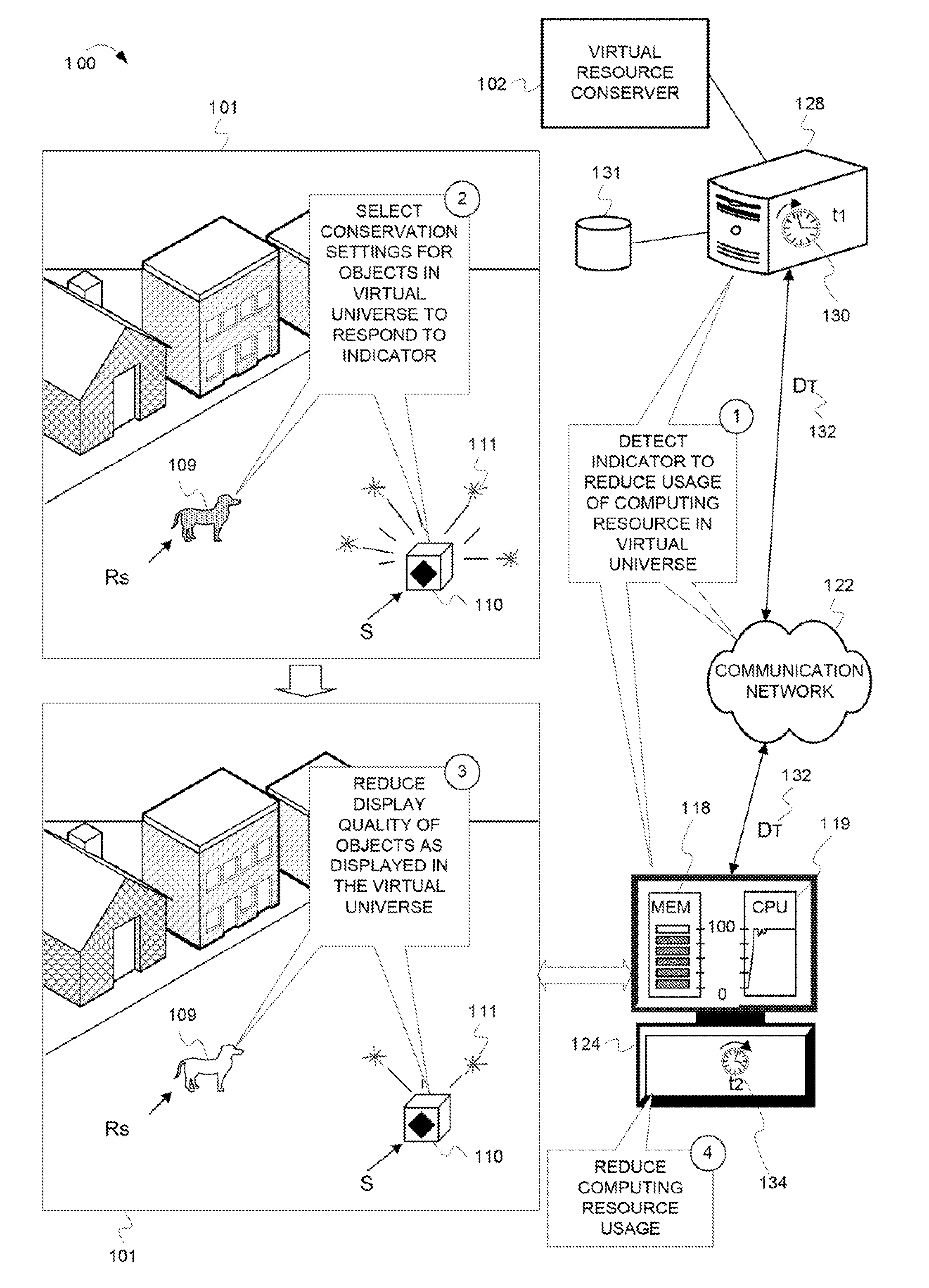 Reducing a display quality of an area in a virtual universe to conserve computing resources