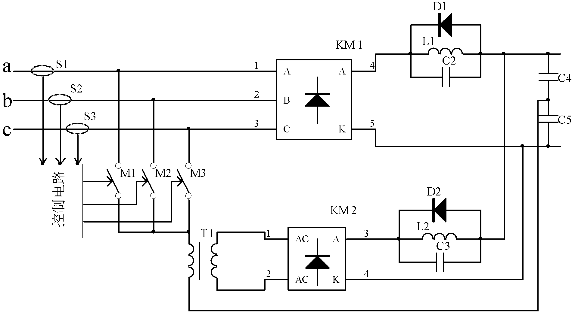 Three-phase rectifier circuit with low harmonic wave continuous input current