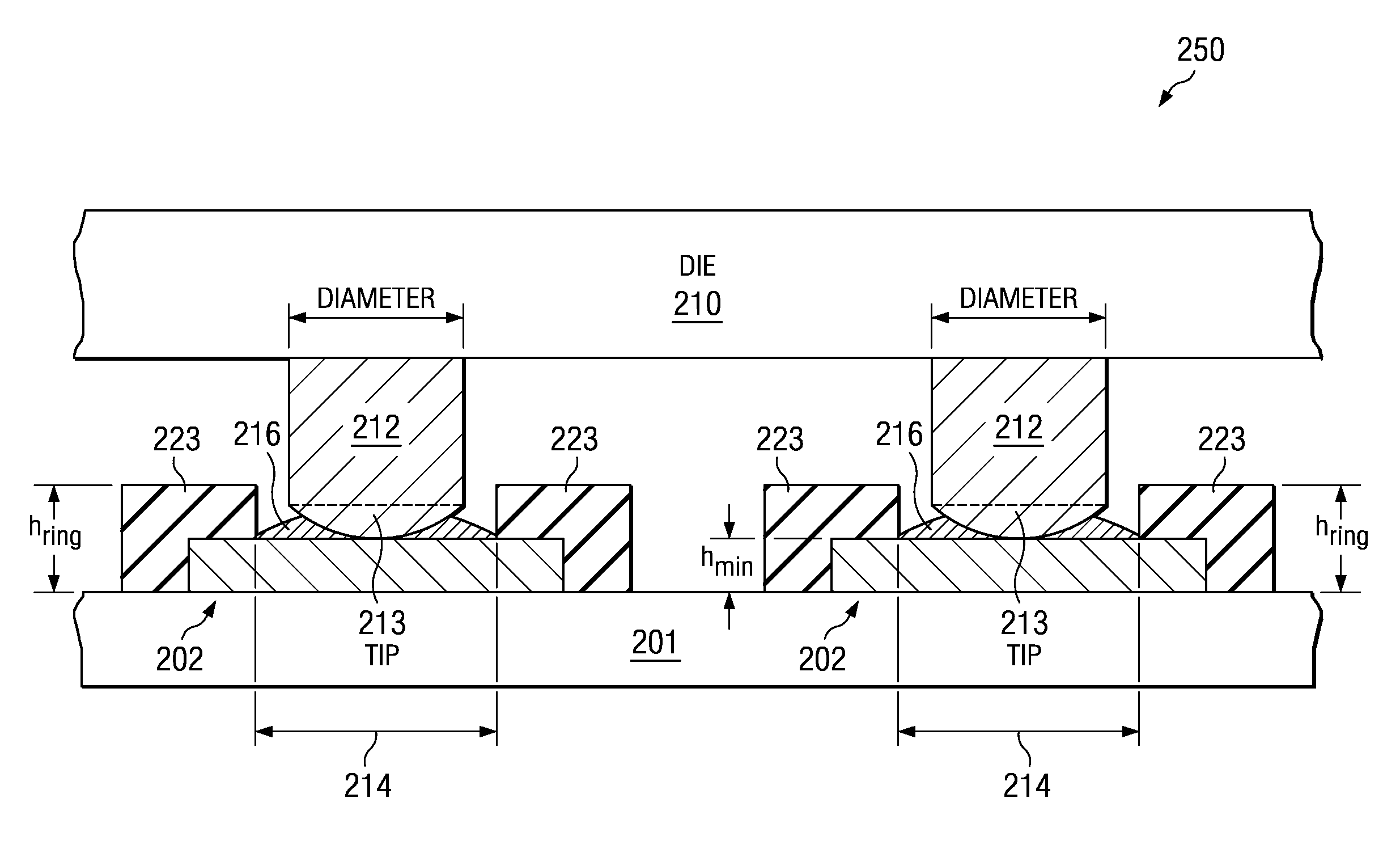 Workpiece contact pads with elevated ring for restricting horizontal movement of terminals of IC during pressing