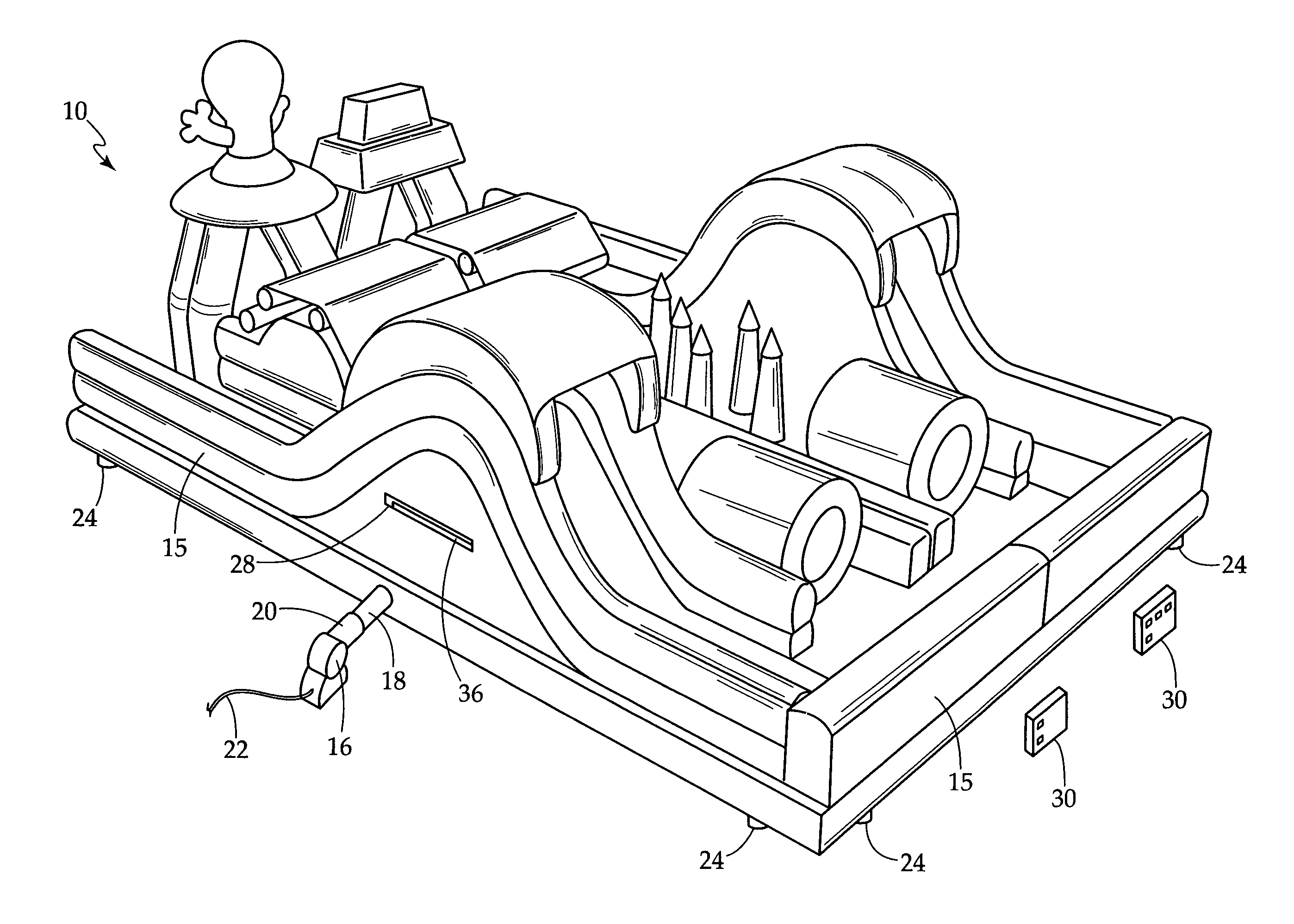 Inflatable interactive amusement structure incorporating electronic audio and visual effects