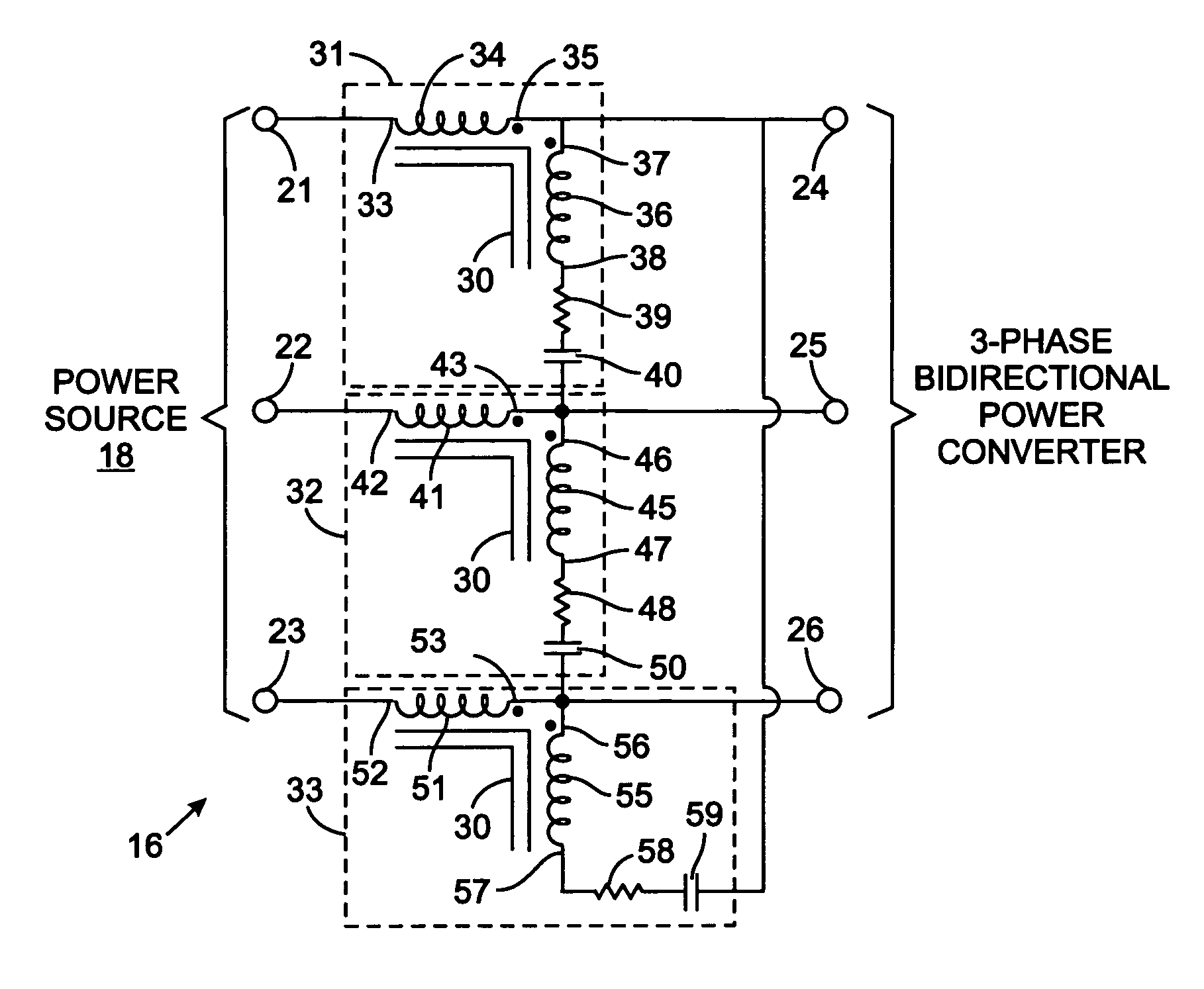 Three-phase harmonic reduction filter for bidirectional power converters