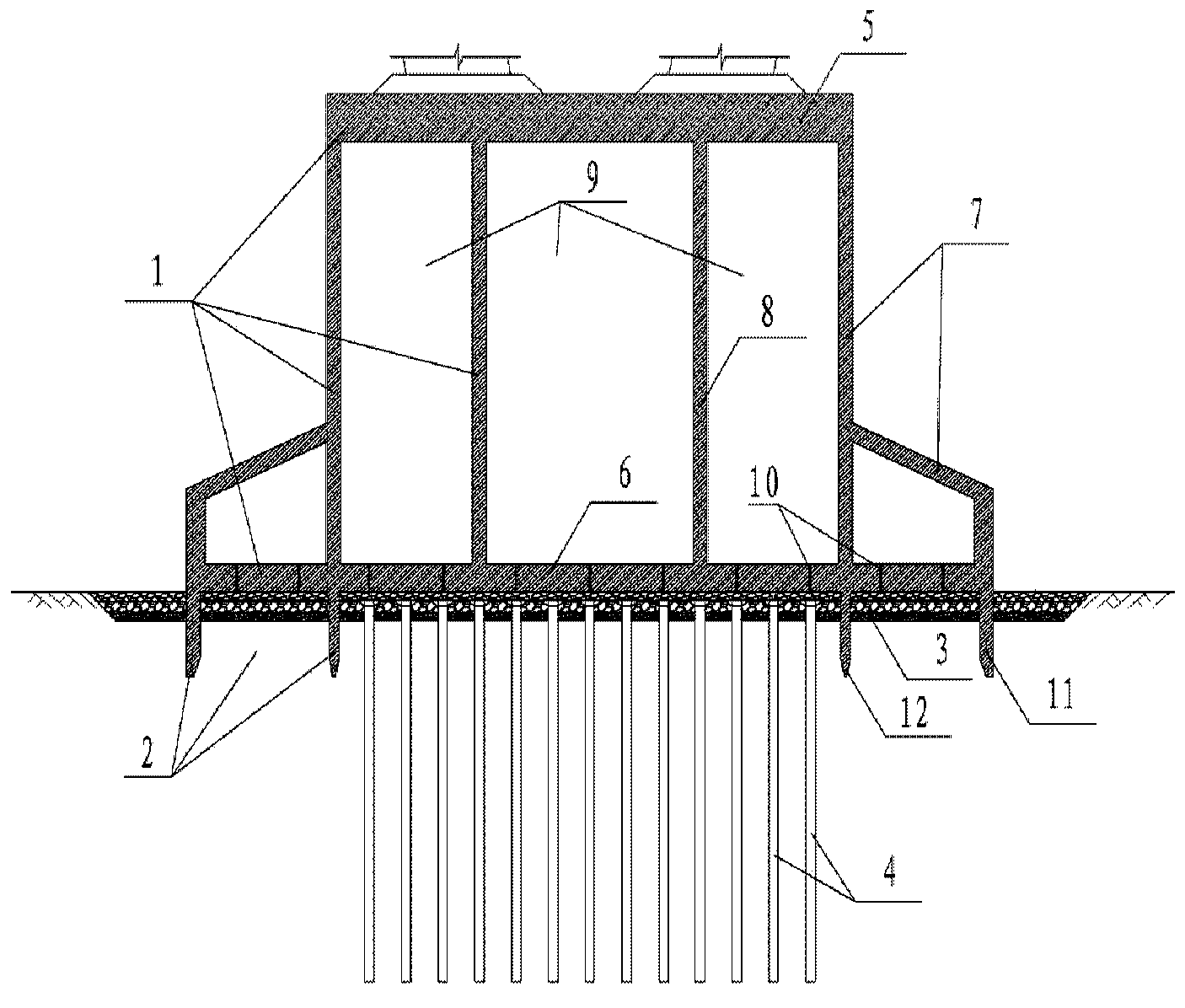 Caisson composite foundation provided with suction type apron shells and semi-rigid connection piles