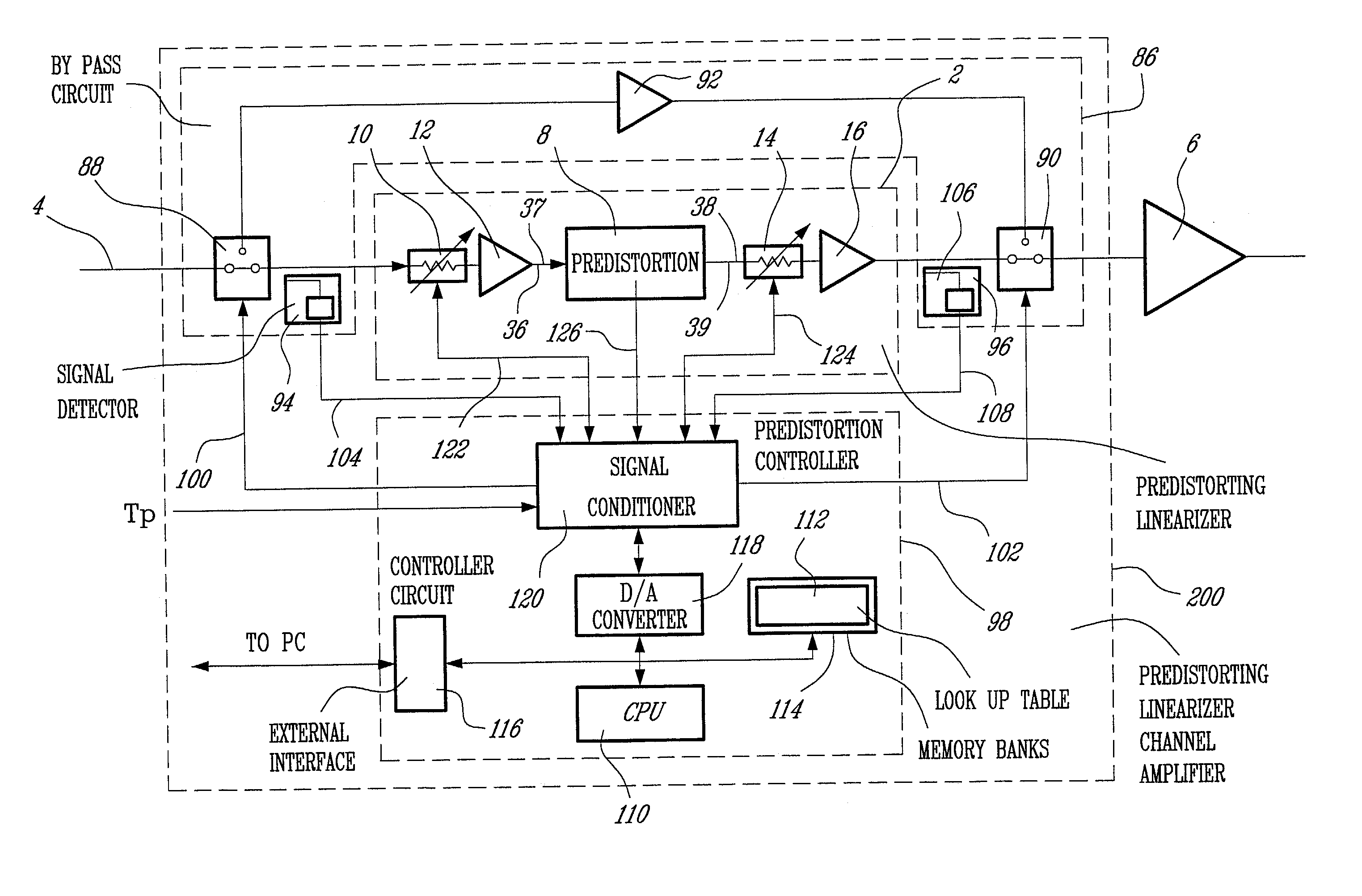 Active predistorting linearizer with agile bypass circuit for safe mode operation