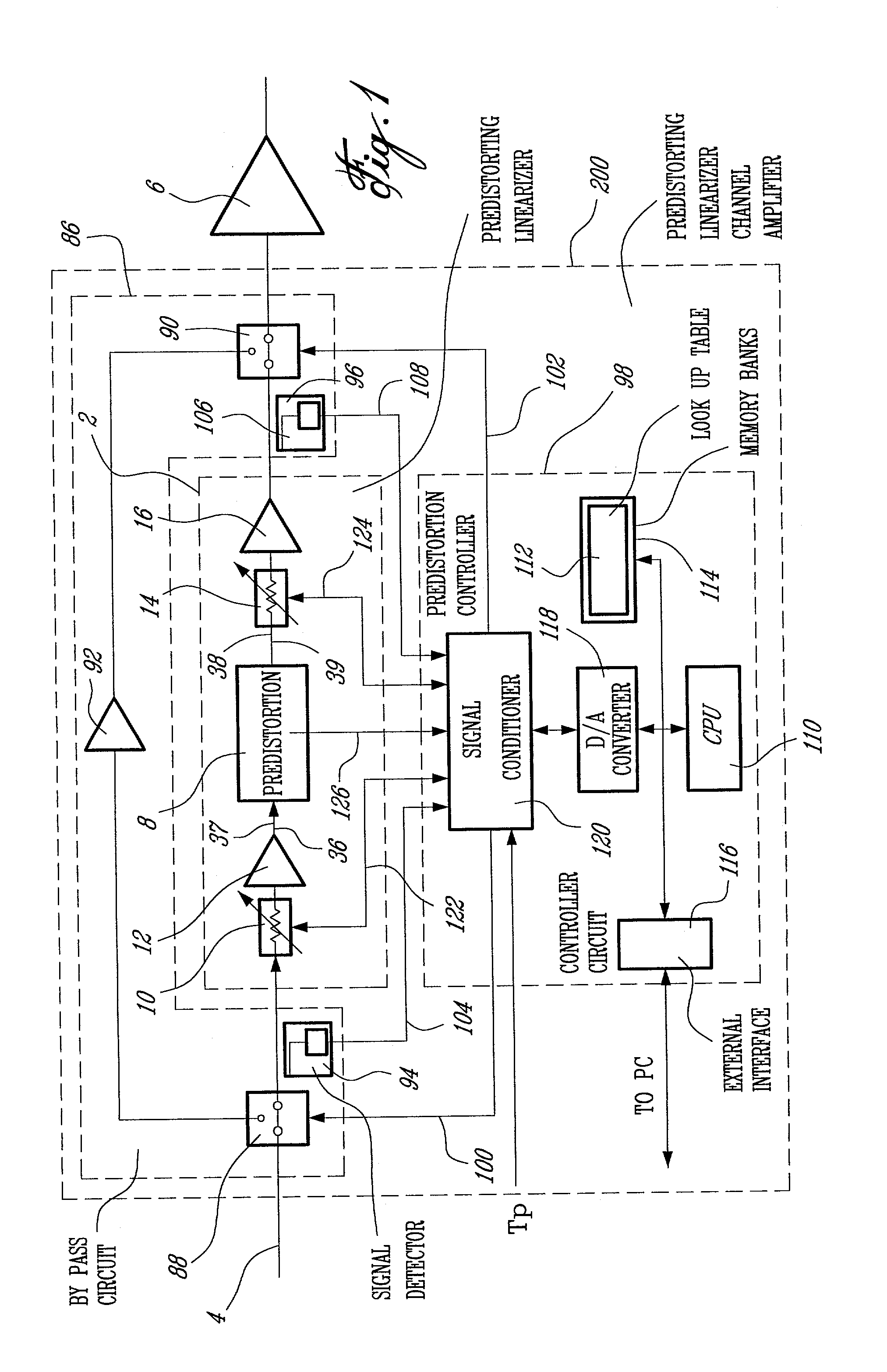 Active predistorting linearizer with agile bypass circuit for safe mode operation