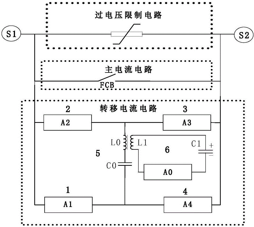 Hybrid circuit breaker possessing bridge type induction transfer structure and usage method thereof